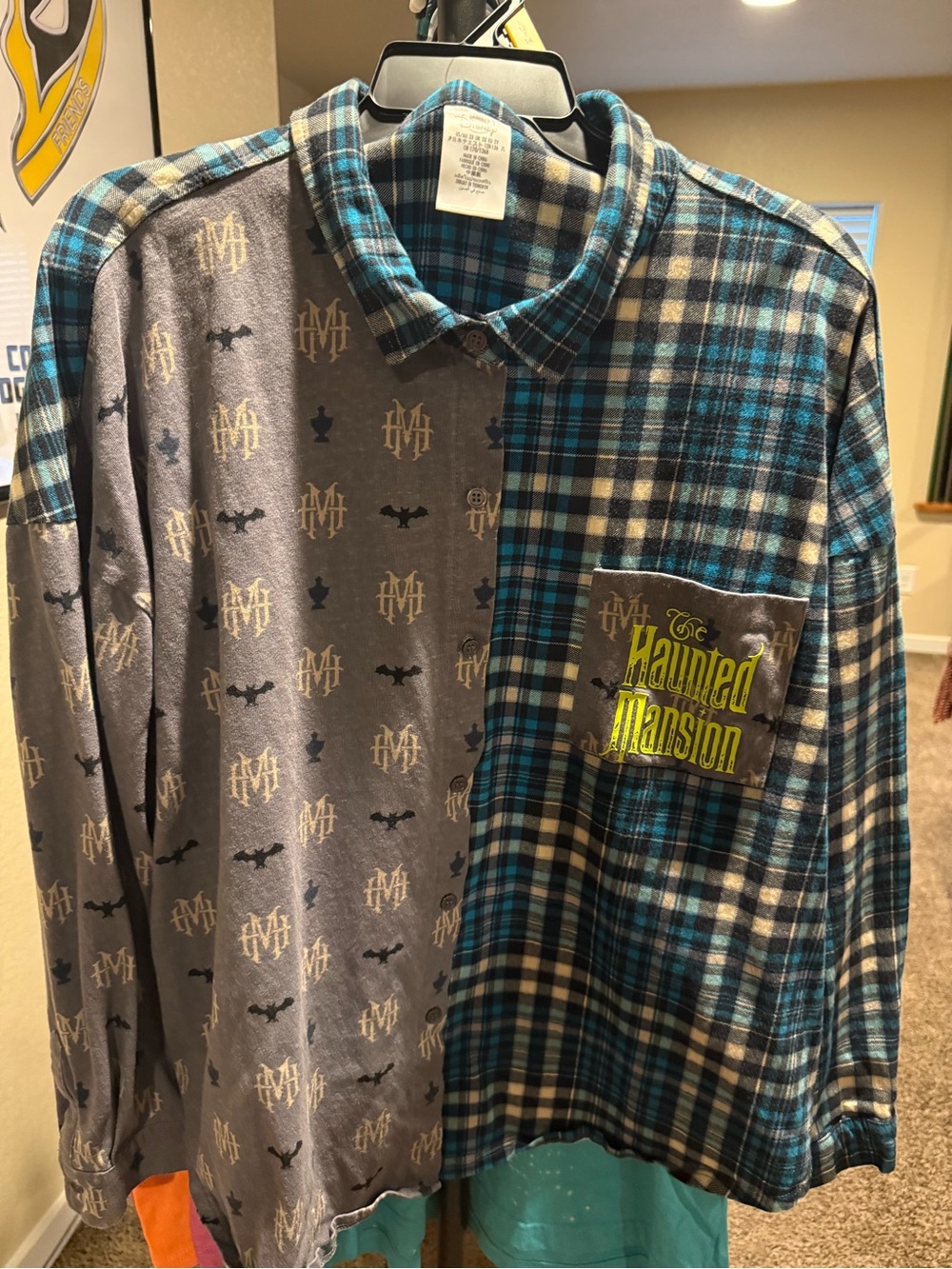 Disney Haunted Mansion Men's Split Plaid & Graphic Button-Down - Teal/Gray. 2XL